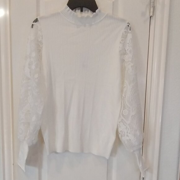 Sioni Milano Ribbed Lace Long Sleeve Mockneck Top Eggshell Size M NWT - Picture 4 of 12